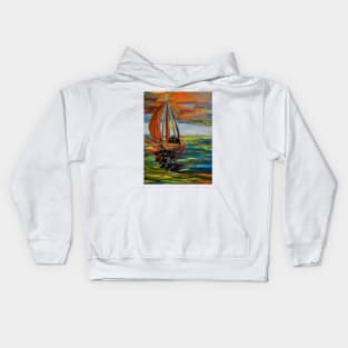 A father and his two sons out for a evening sailing at sunset . Kids Hoodie